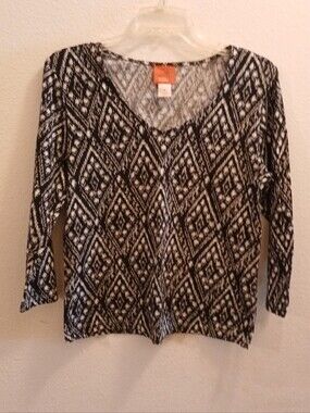 Hearts Of Palm Top Women's Size M Black White Diamond Print Casual Stretchy